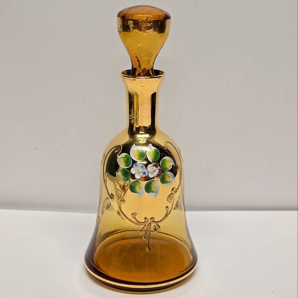 Vintage Bohemian Glass Hand Painted Applied Flowers Gold Gilded Amber Decanter